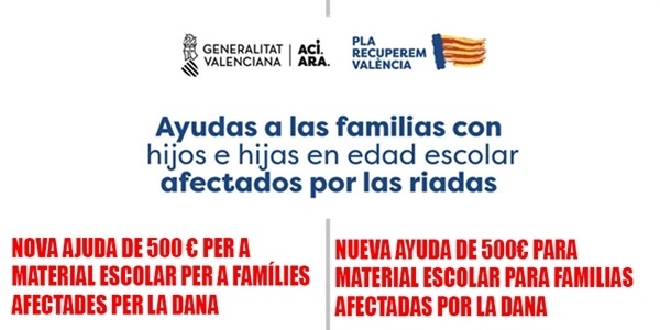 Nova ajuda de 500€ per a material escolar per a famílies afectades per la DANA